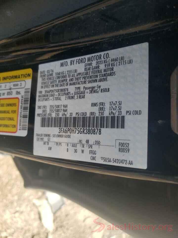 3FA6P0H75GR380878 2016 FORD FUSION