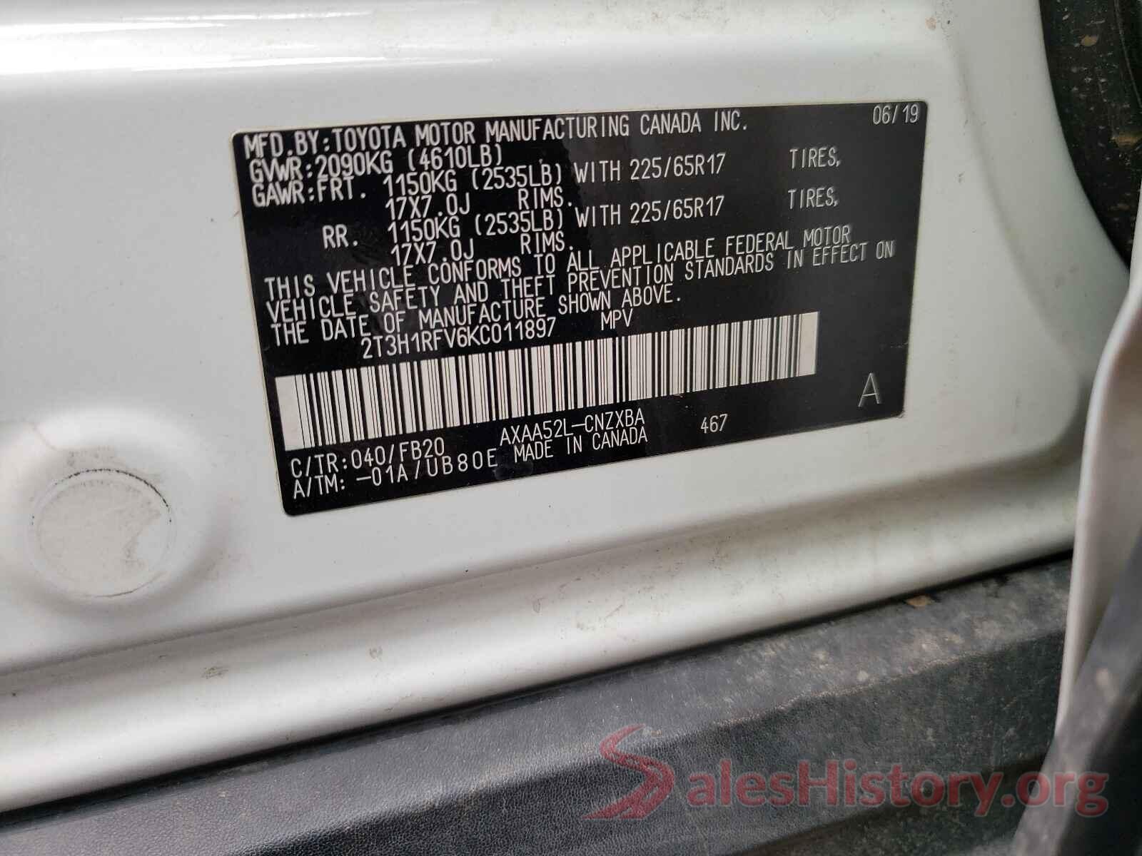 2T3H1RFV6KC011897 2019 TOYOTA RAV4