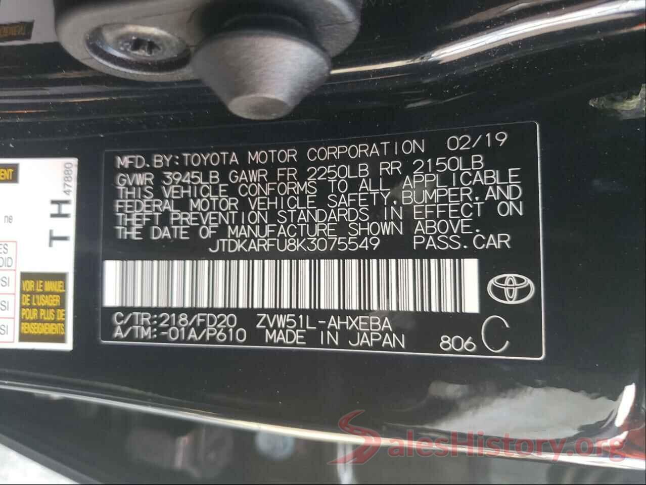 JTDKARFU8K3075549 2019 TOYOTA PRIUS