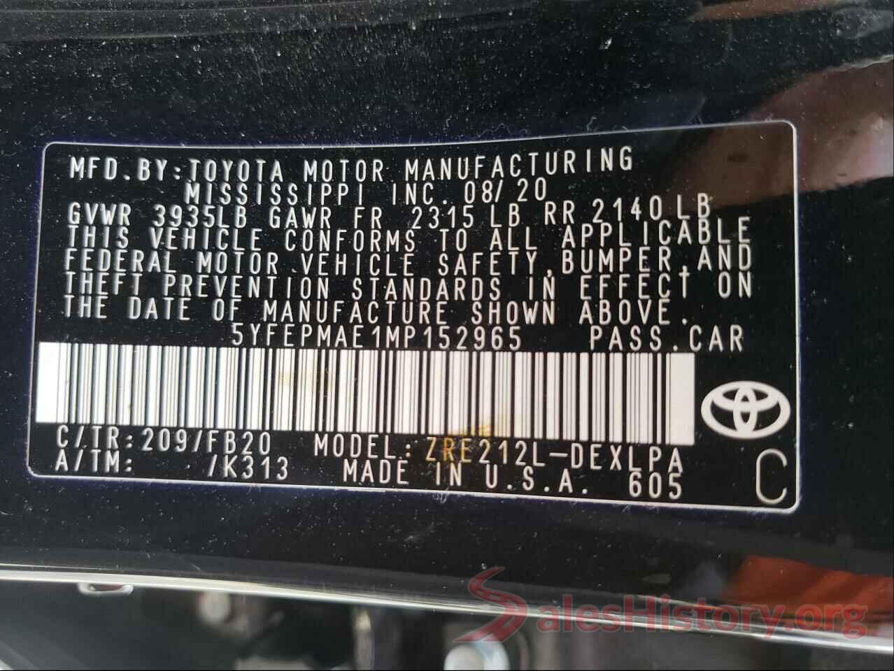 5YFEPMAE1MP152965 2021 TOYOTA COROLLA