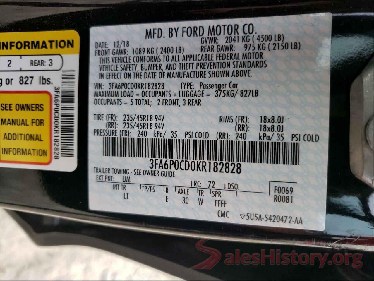 3FA6P0CD0KR182828 2019 FORD FUSION