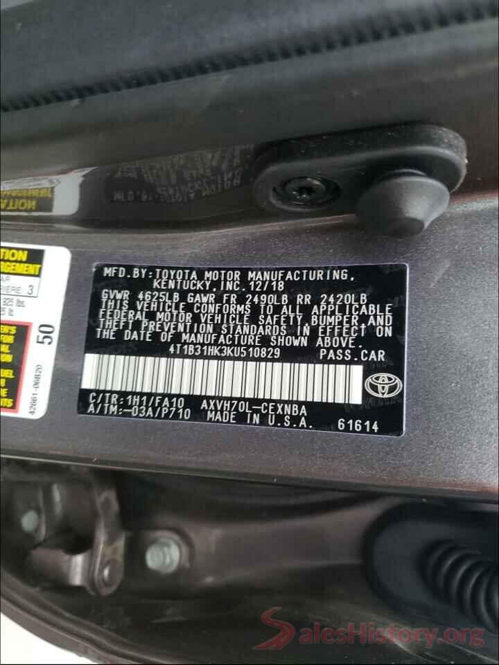 4T1B31HK3KU510829 2019 TOYOTA CAMRY