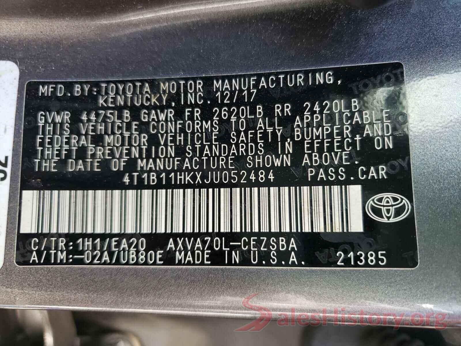 4T1B11HKXJU052484 2018 TOYOTA CAMRY