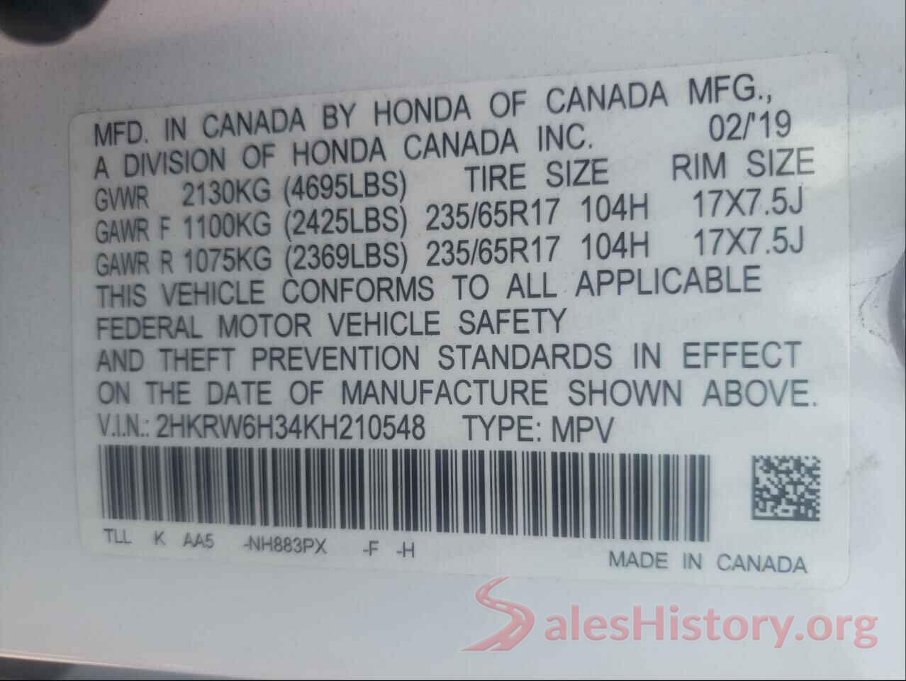 2HKRW6H34KH210548 2019 HONDA CRV