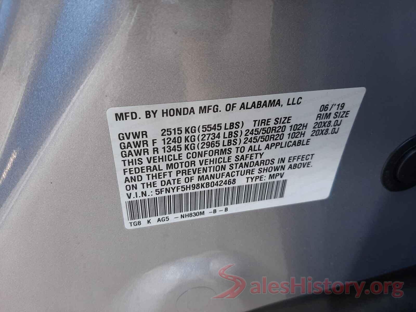 5FNYF5H98KB042468 2019 HONDA PILOT