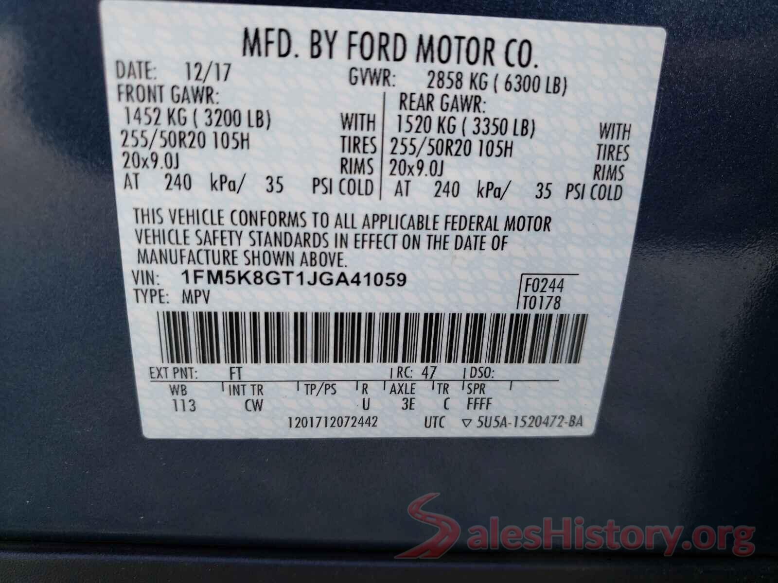 1FM5K8GT1JGA41059 2018 FORD EXPLORER