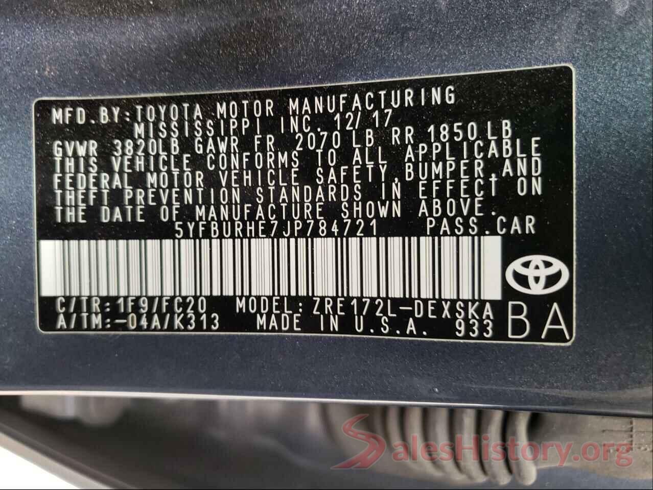 5YFBURHE7JP784721 2018 TOYOTA COROLLA