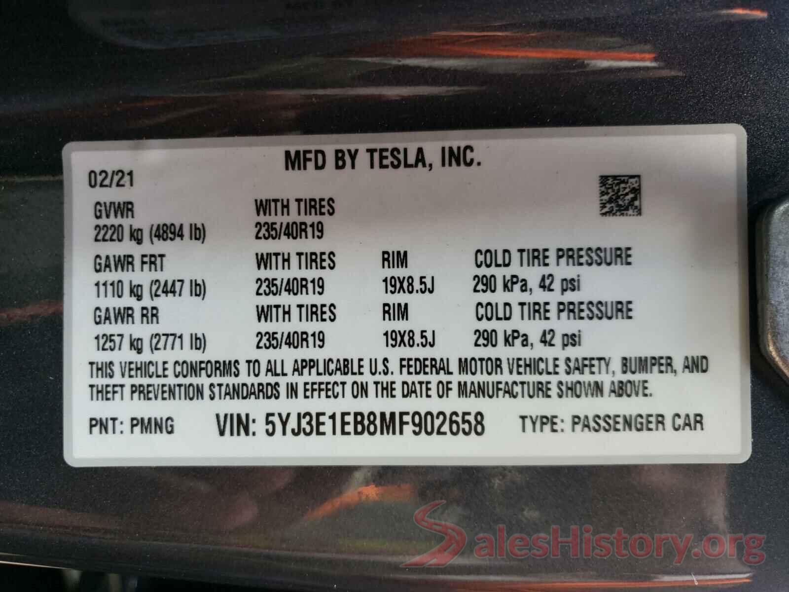 5YJ3E1EB8MF902658 2021 TESLA MODEL 3