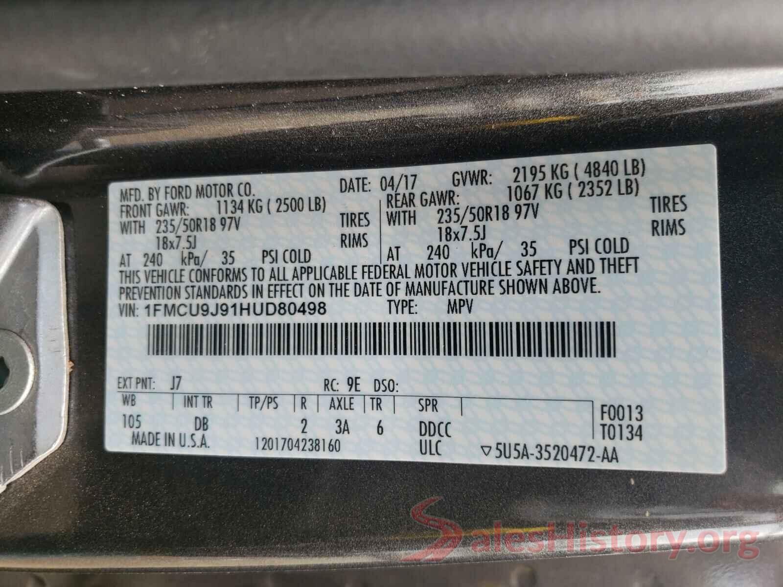 1FMCU9J91HUD80498 2017 FORD ESCAPE