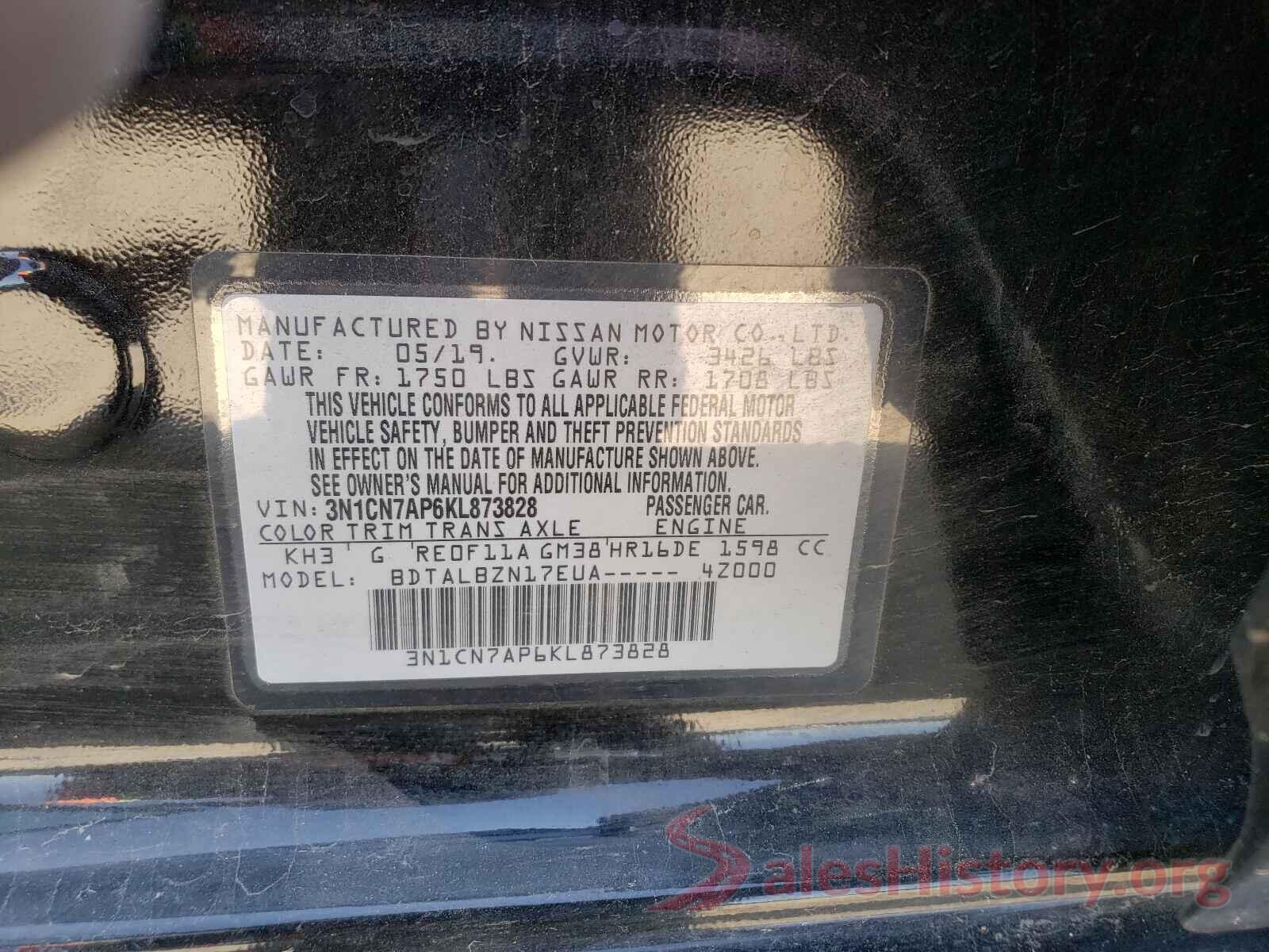 3N1CN7AP6KL873828 2019 NISSAN VERSA