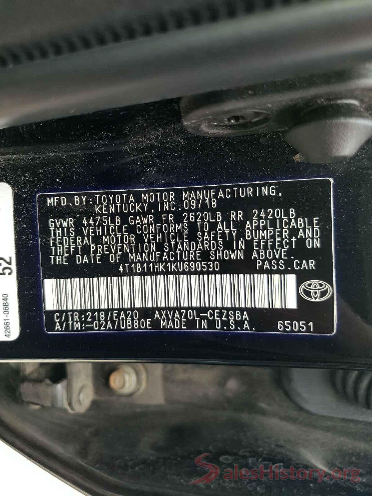 4T1B11HK1KU690530 2019 TOYOTA CAMRY