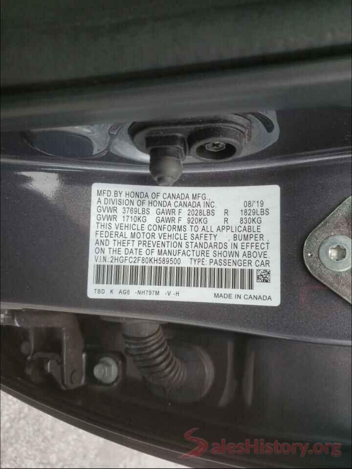 2HGFC2F80KH589500 2019 HONDA CIVIC