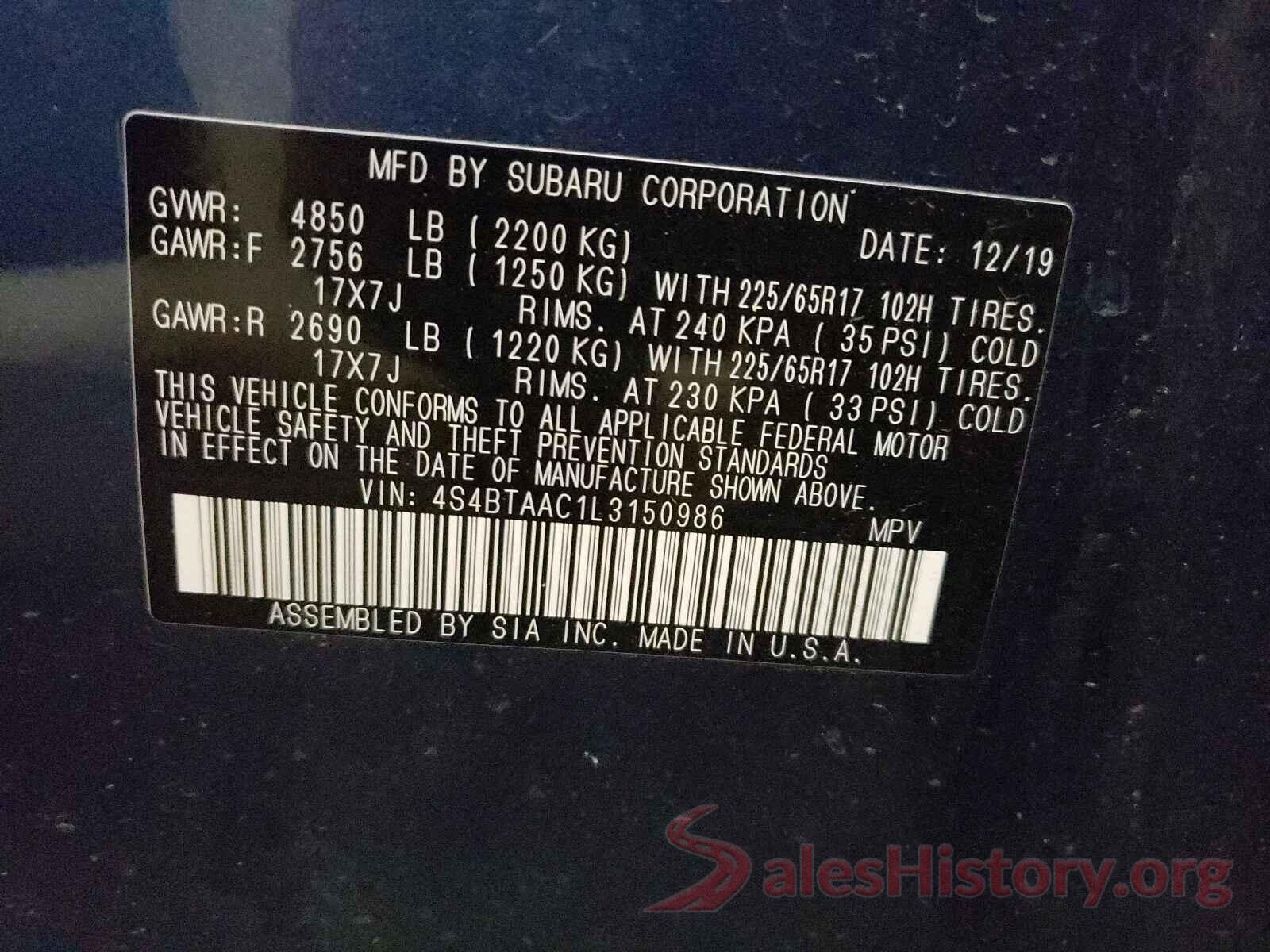 4S4BTAAC1L3150986 2020 SUBARU LEGACY