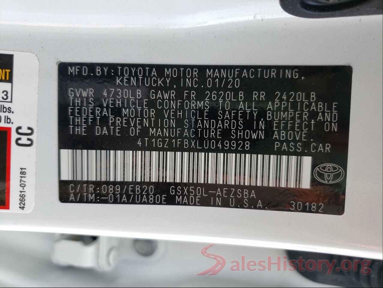 4T1GZ1FBXLU049928 2020 TOYOTA AVALON