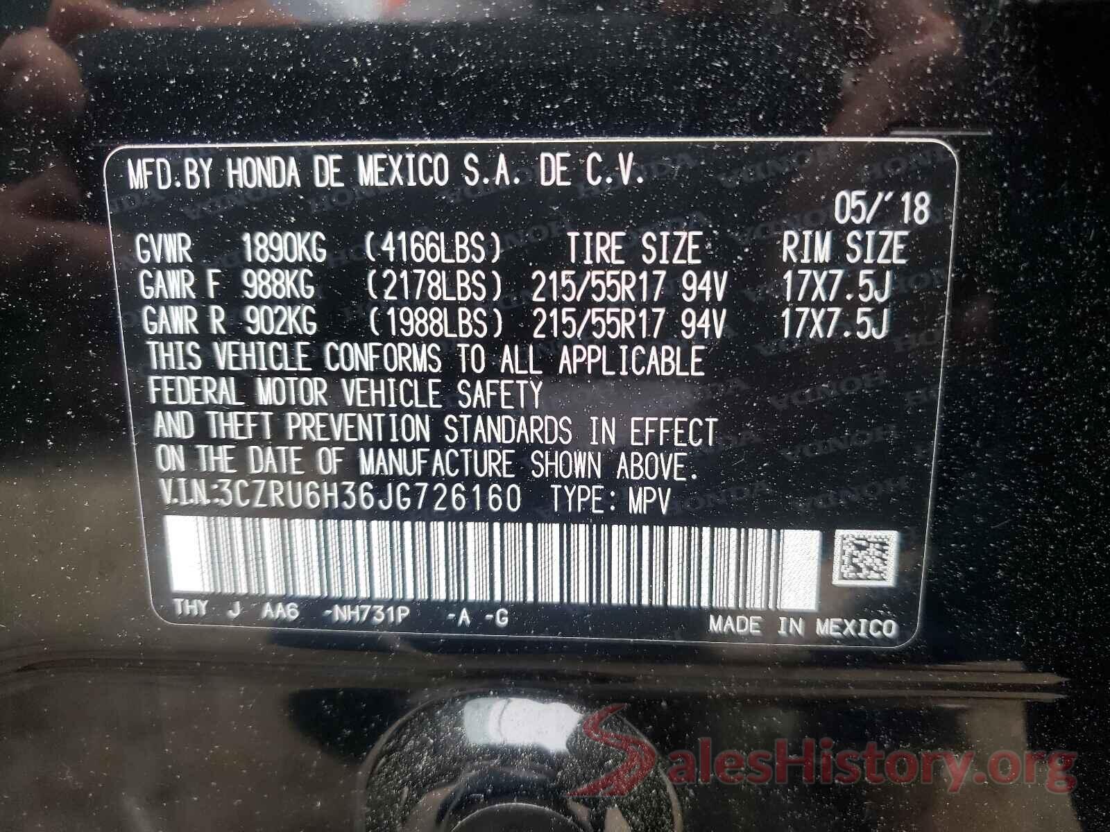 3CZRU6H36JG726160 2018 HONDA HR-V