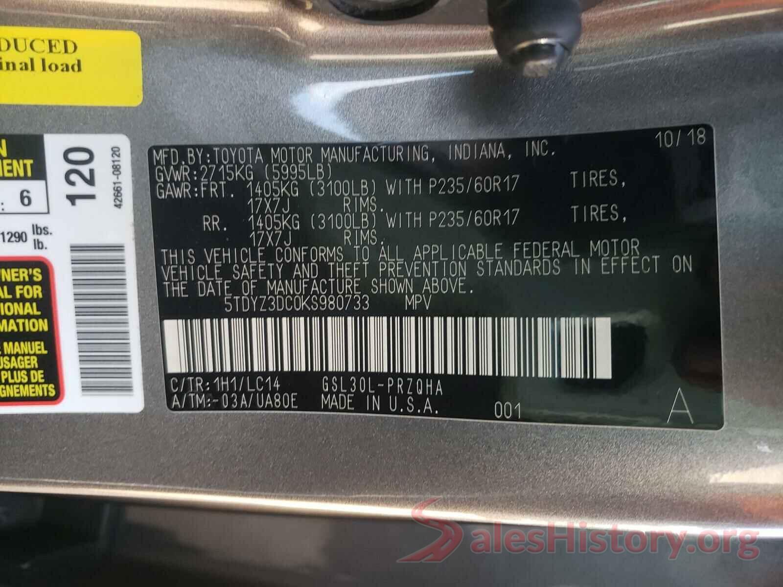 5TDYZ3DC0KS980733 2019 TOYOTA SIENNA