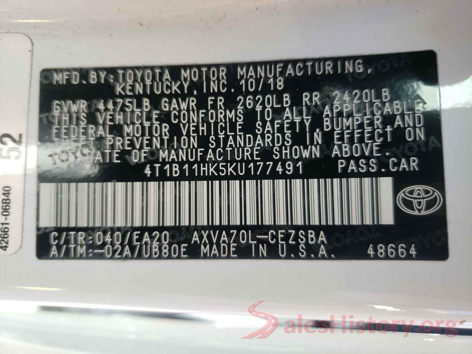 4T1B11HK5KU177491 2019 TOYOTA CAMRY