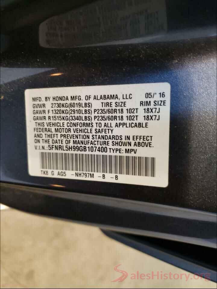 5FNRL5H99GB107400 2016 HONDA ODYSSEY