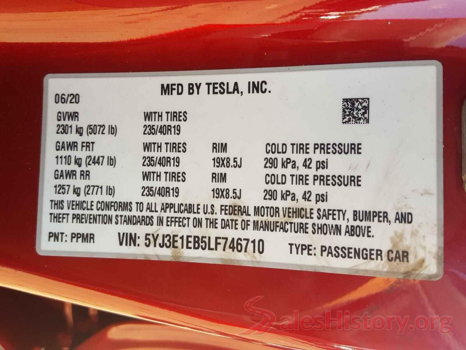 5YJ3E1EB5LF746710 2020 TESLA MODEL 3