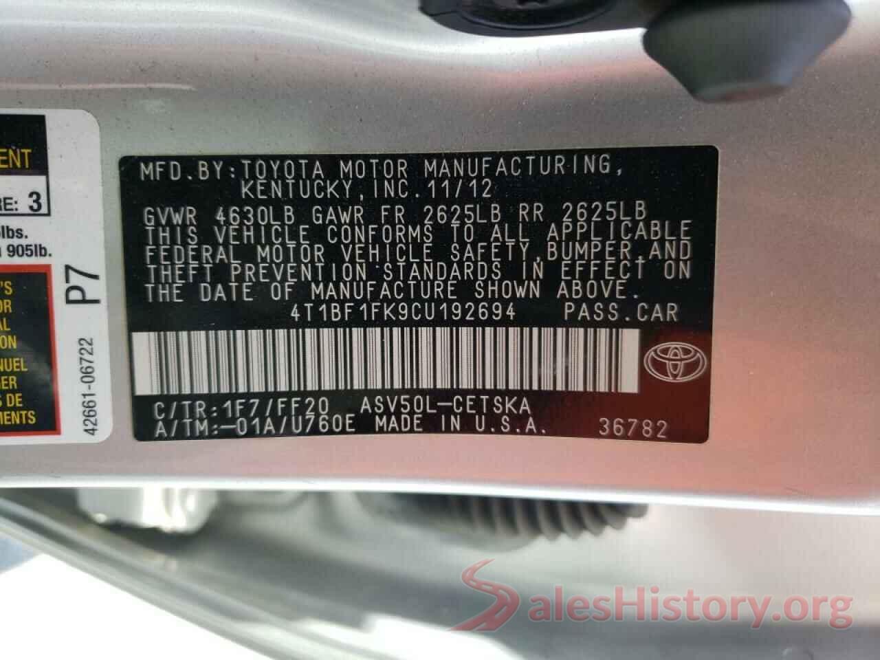 4T1BF1FK9CU192694 2012 TOYOTA CAMRY