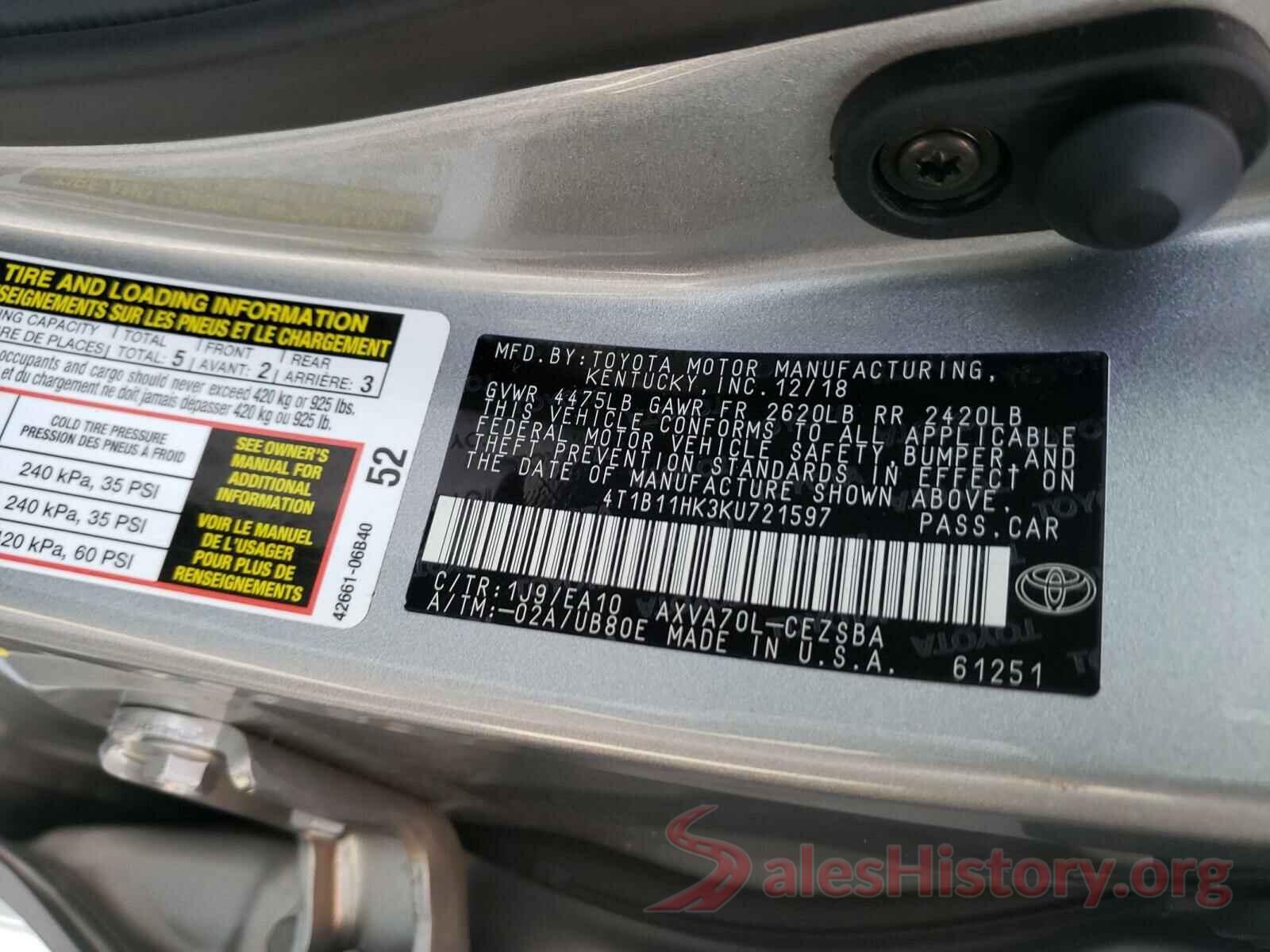 4T1B11HK3KU721597 2019 TOYOTA CAMRY