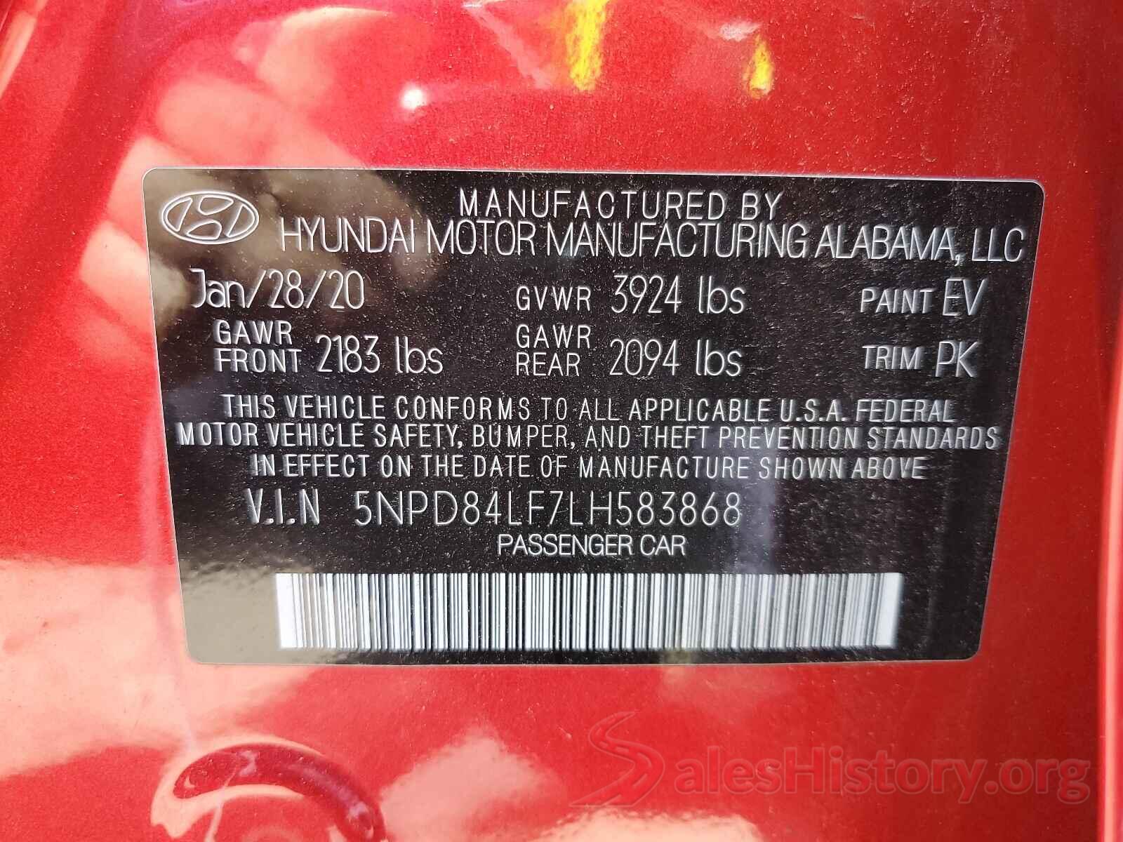 5NPD84LF7LH583868 2020 HYUNDAI ELANTRA