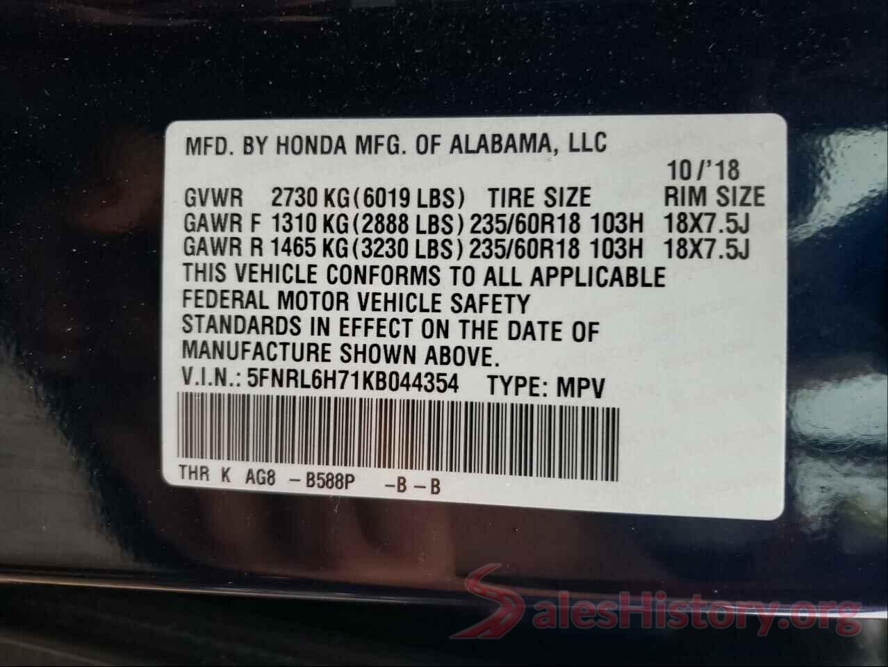 5FNRL6H71KB044354 2019 HONDA ODYSSEY