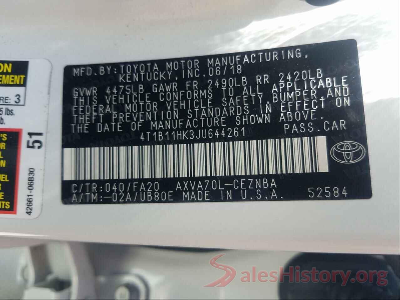 4T1B11HK3JU644261 2018 TOYOTA CAMRY