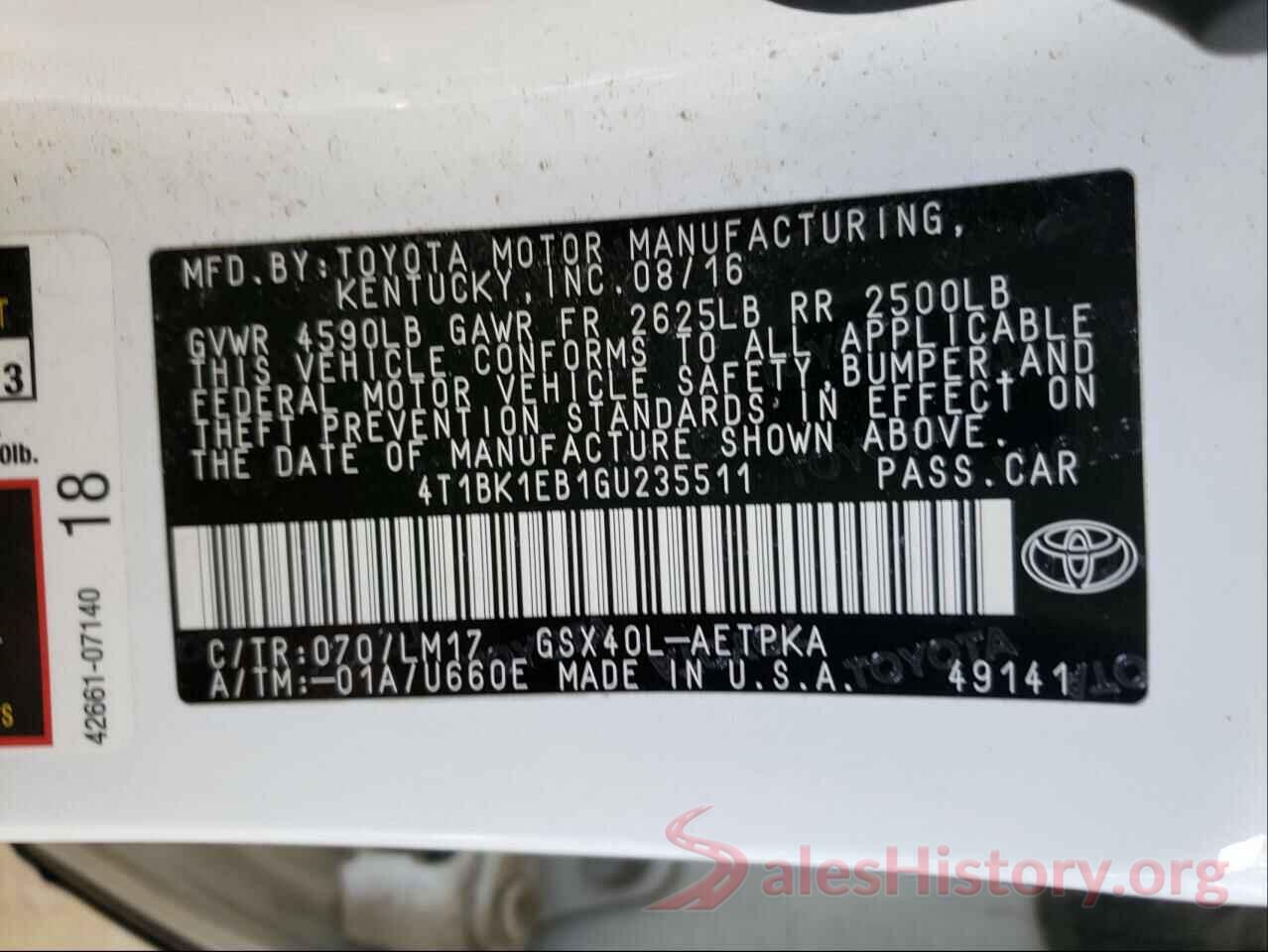 4T1BK1EB1GU235511 2016 TOYOTA AVALON