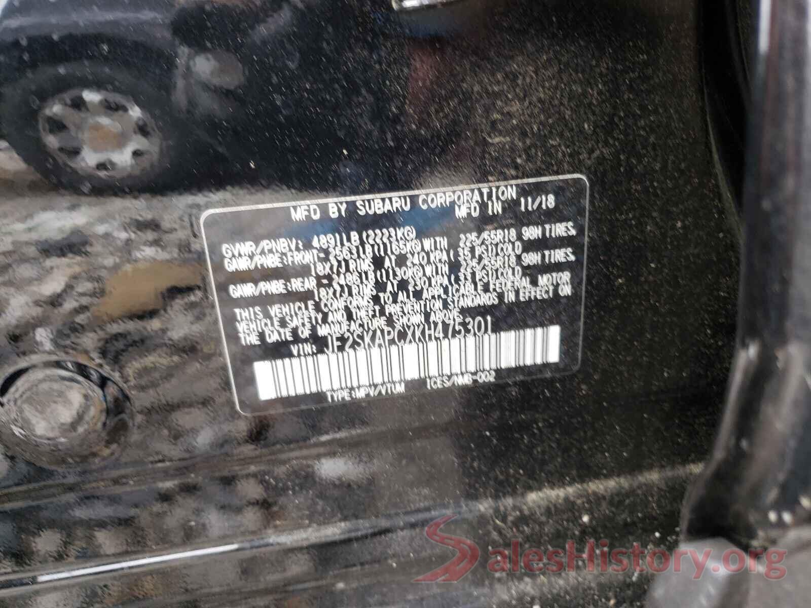 JF2SKAPCXKH475301 2019 SUBARU FORESTER