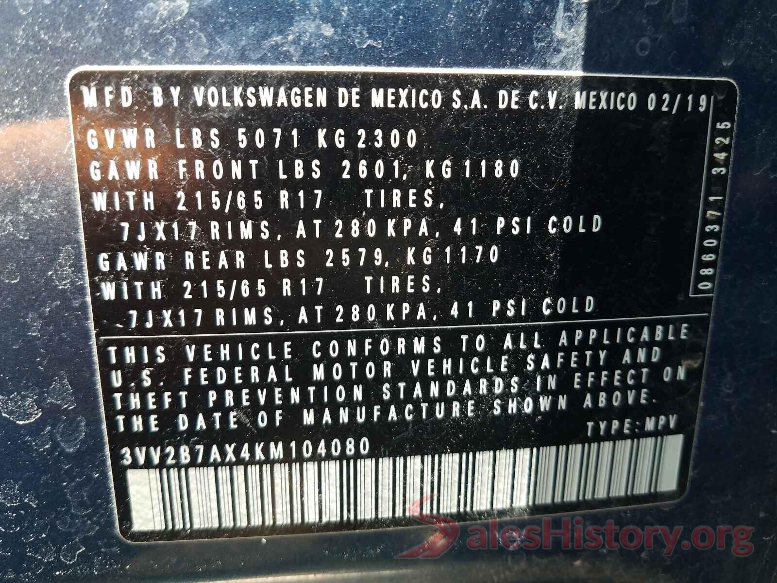 3VV2B7AX4KM104080 2019 VOLKSWAGEN TIGUAN