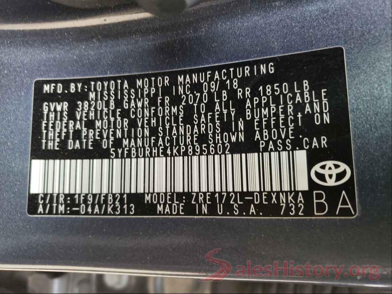 5YFBURHE4KP895602 2019 TOYOTA COROLLA