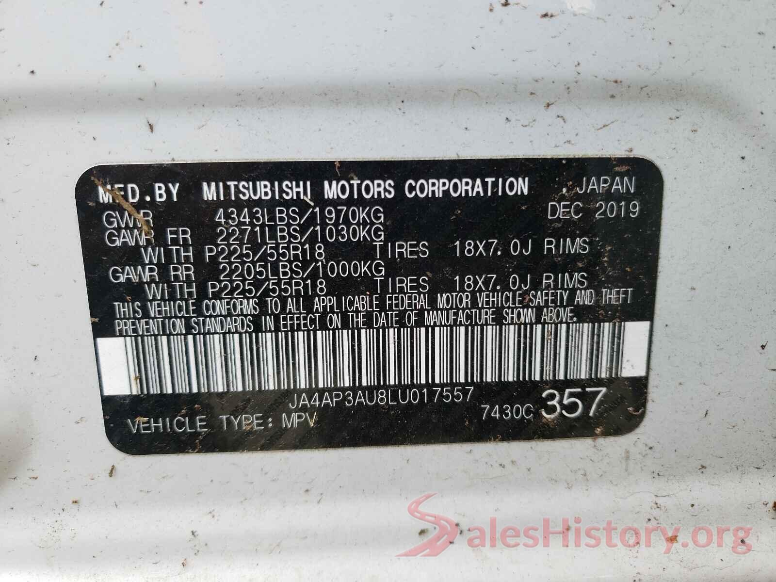 JA4AP3AU8LU017557 2020 MITSUBISHI OUTLANDER