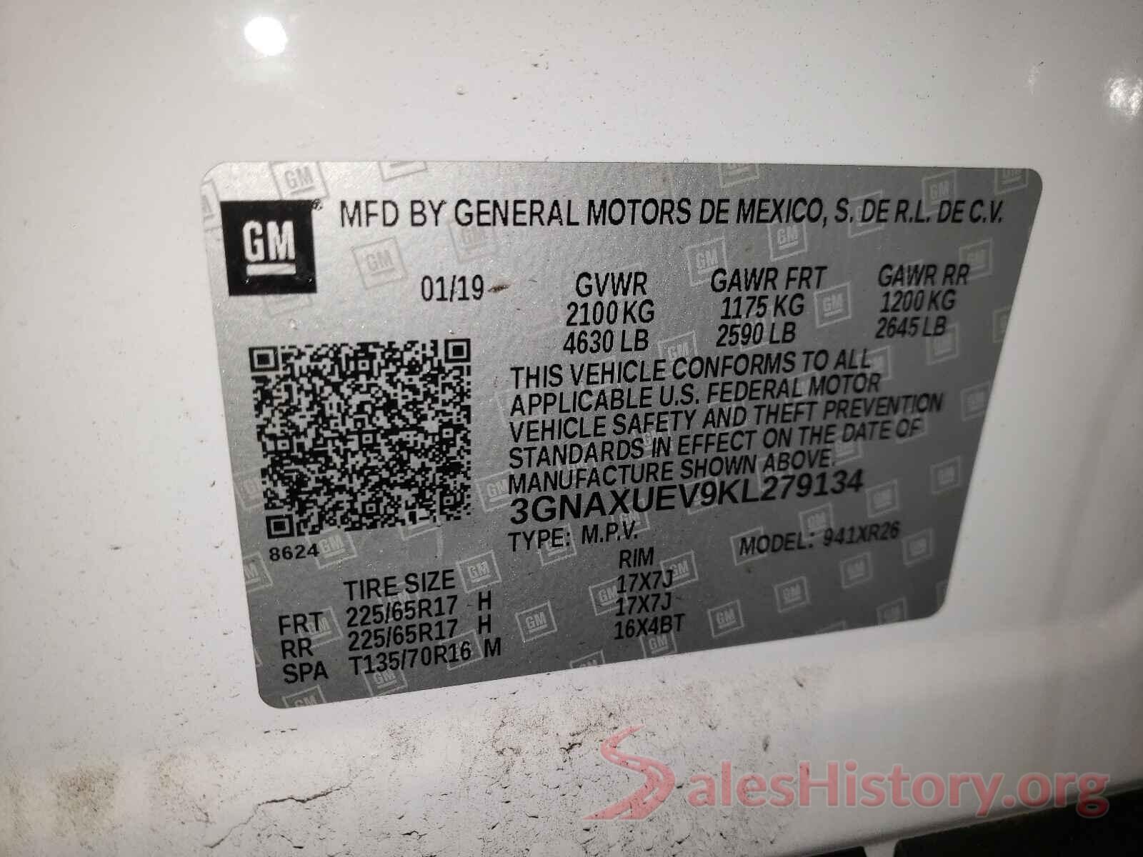 3GNAXUEV9KL279134 2019 CHEVROLET EQUINOX