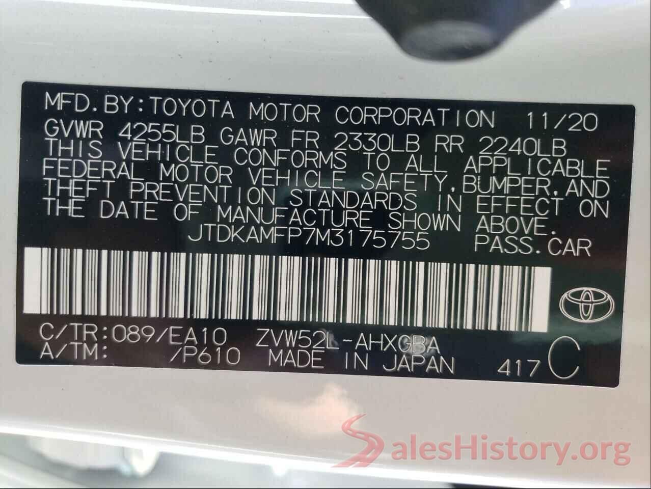 JTDKAMFP7M3175755 2021 TOYOTA PRIUS