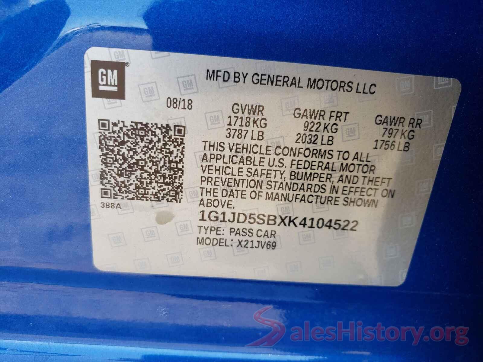 1G1JD5SBXK4104522 2019 CHEVROLET SONIC