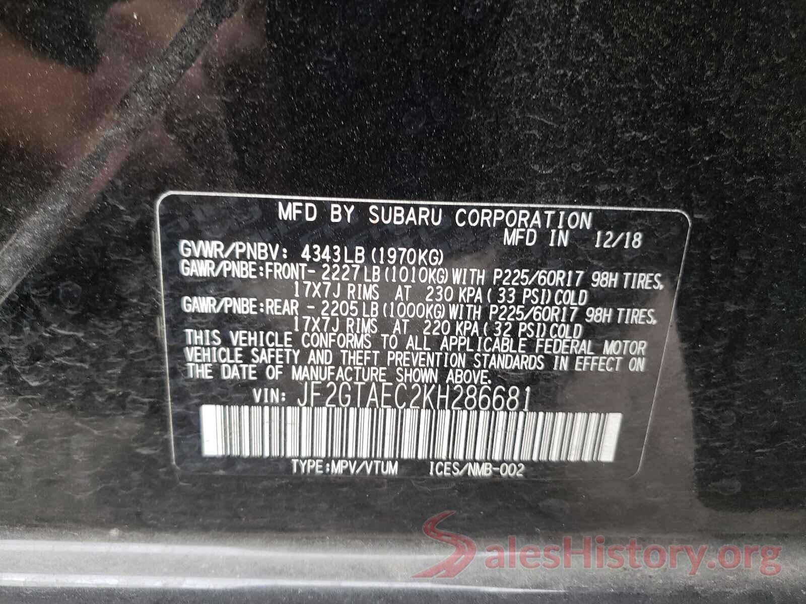 JF2GTAEC2KH286681 2019 SUBARU CROSSTREK