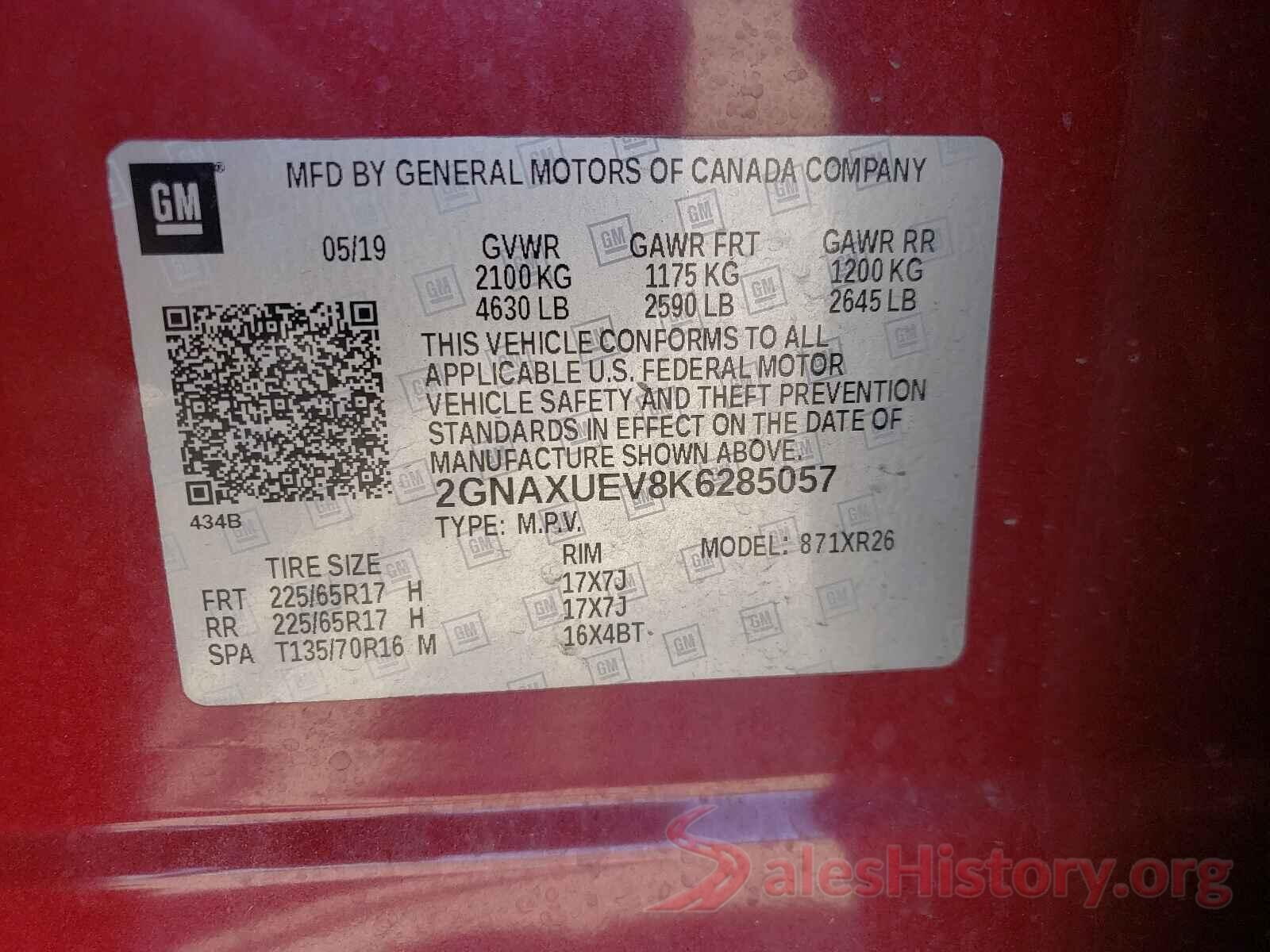 2GNAXUEV8K6285057 2019 CHEVROLET EQUINOX