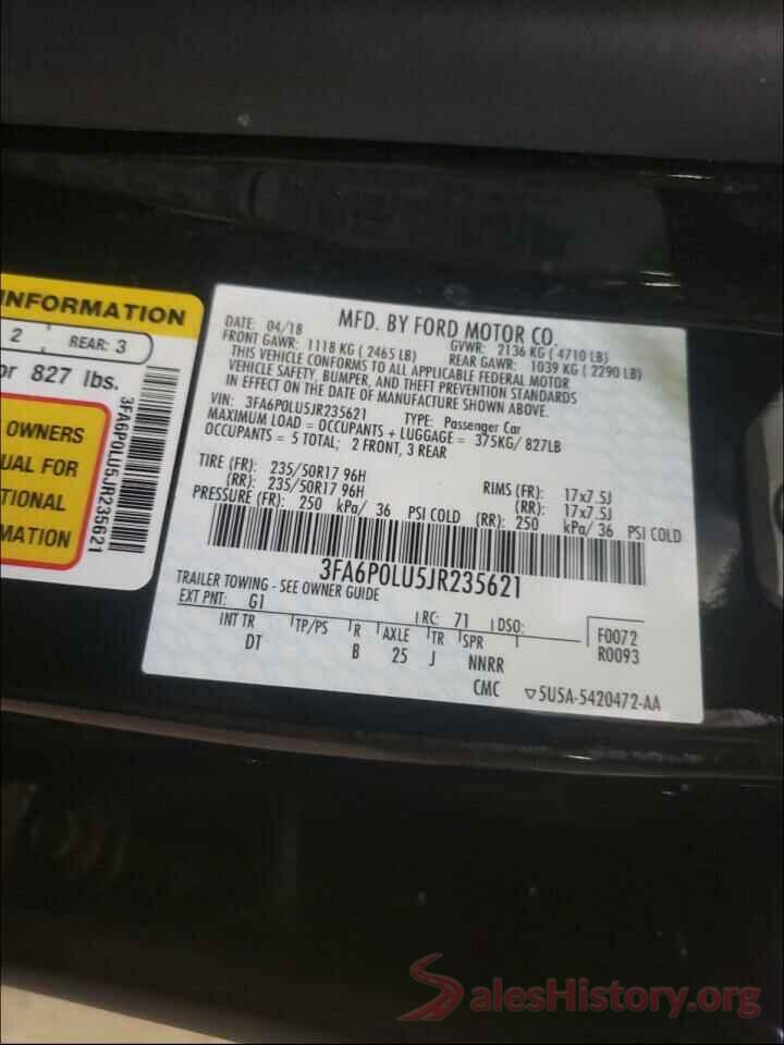 3FA6P0LU5JR235621 2018 FORD FUSION