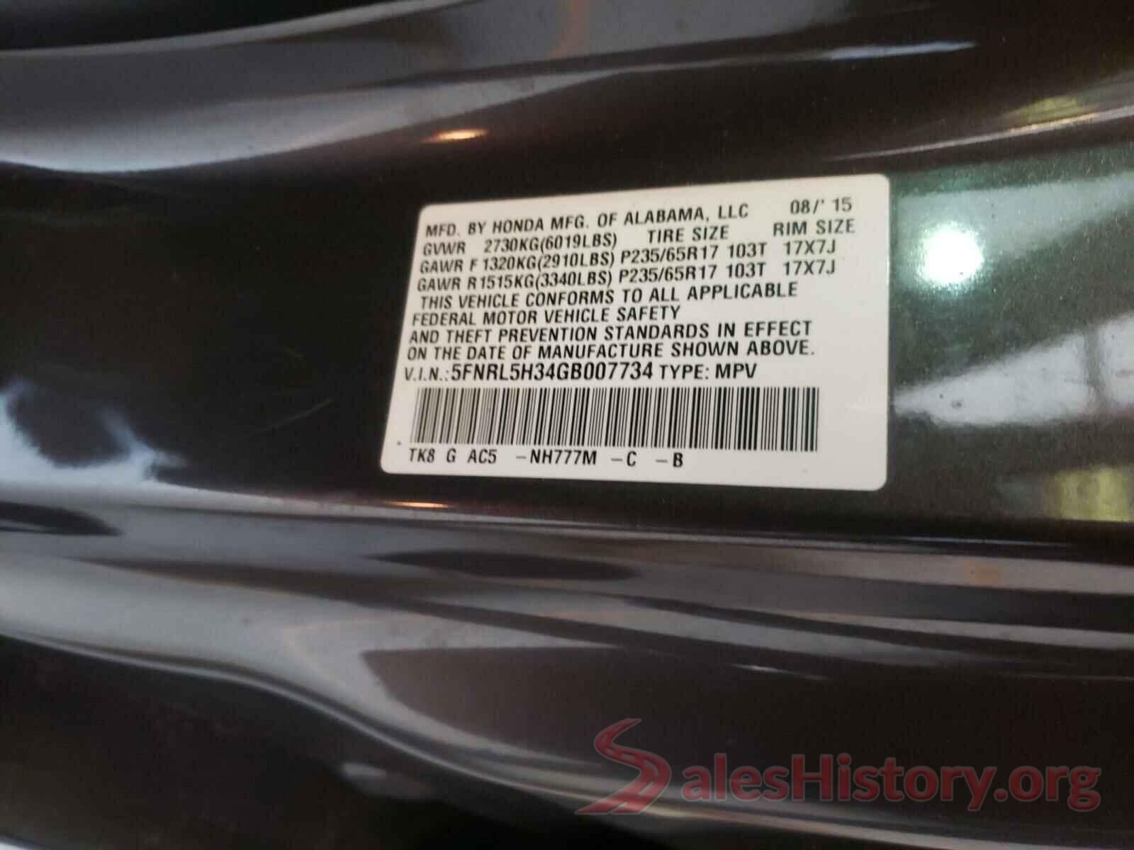 5FNRL5H34GB007734 2016 HONDA ODYSSEY