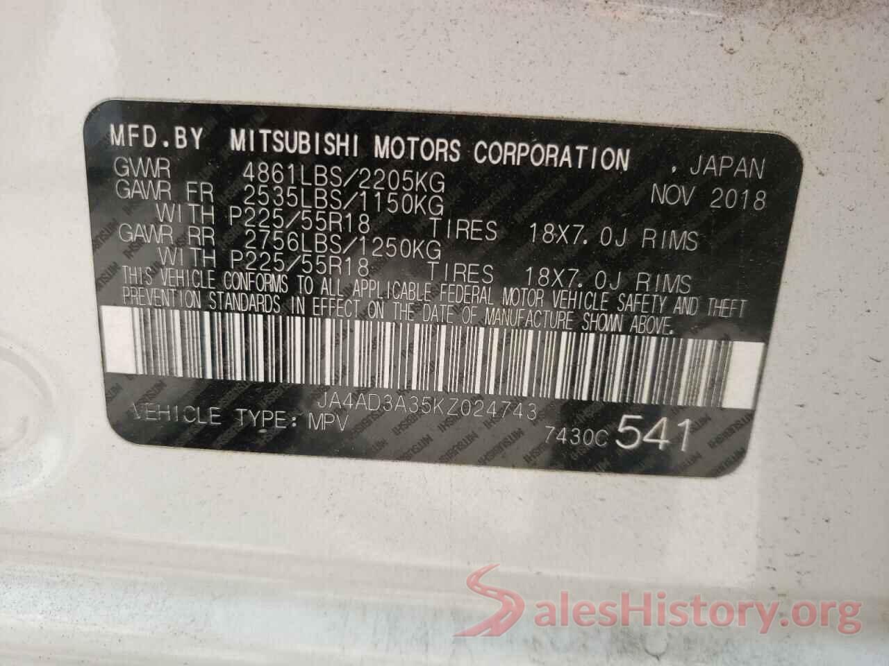 JA4AD3A35KZ024743 2019 MITSUBISHI OUTLANDER