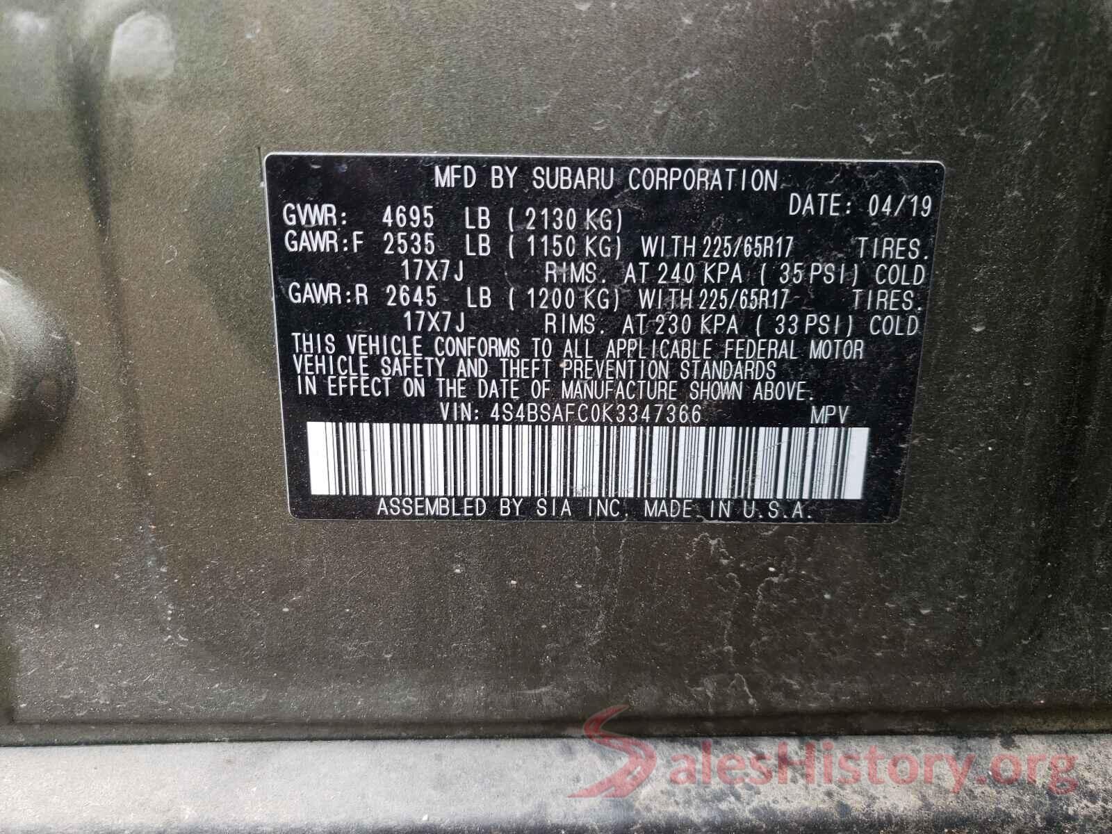 4S4BSAFC0K3347366 2019 SUBARU OUTBACK