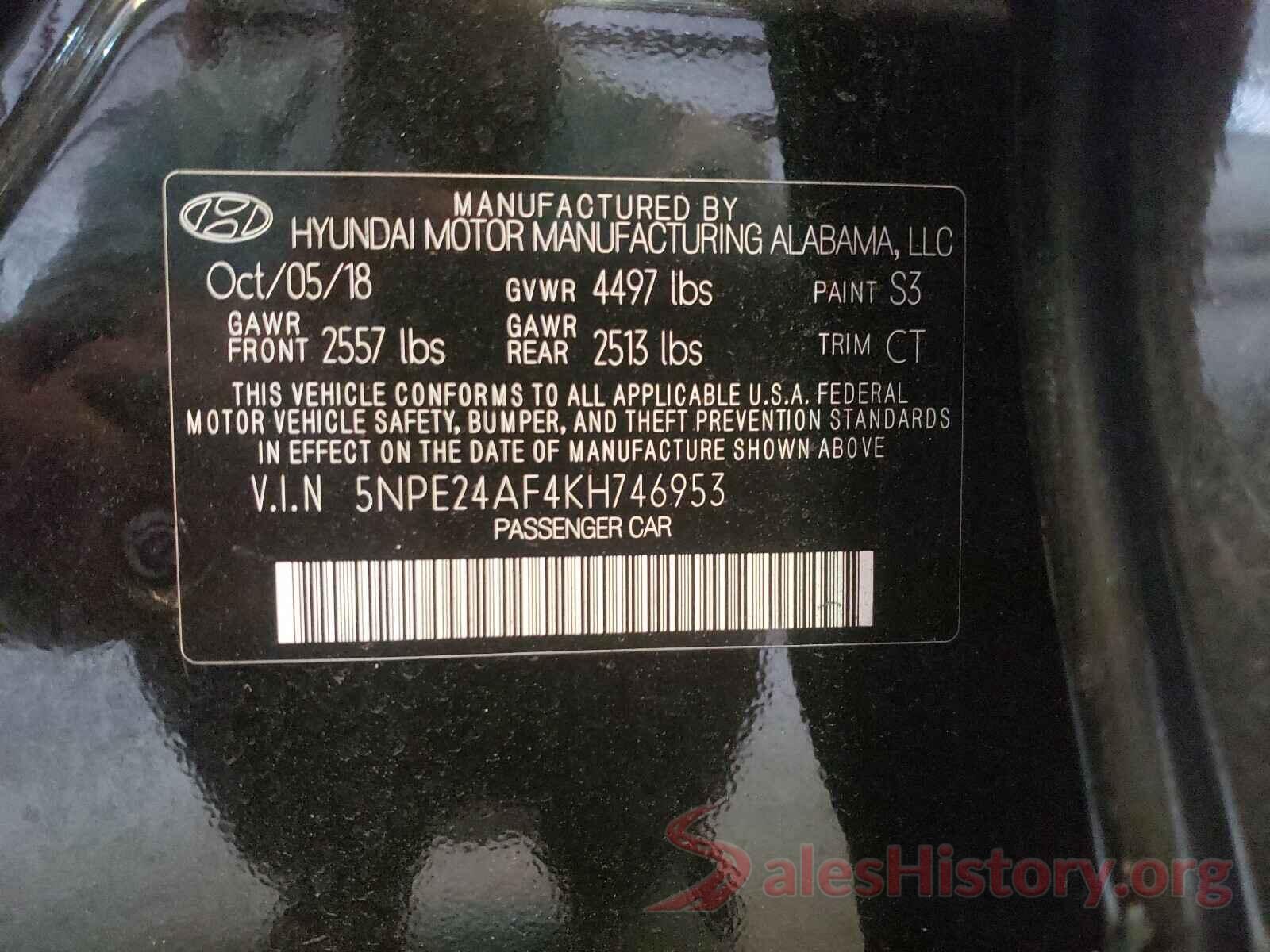 5NPE24AF4KH746953 2019 HYUNDAI SONATA