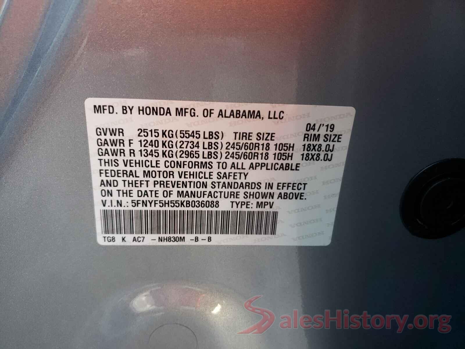 5FNYF5H55KB036088 2019 HONDA PILOT