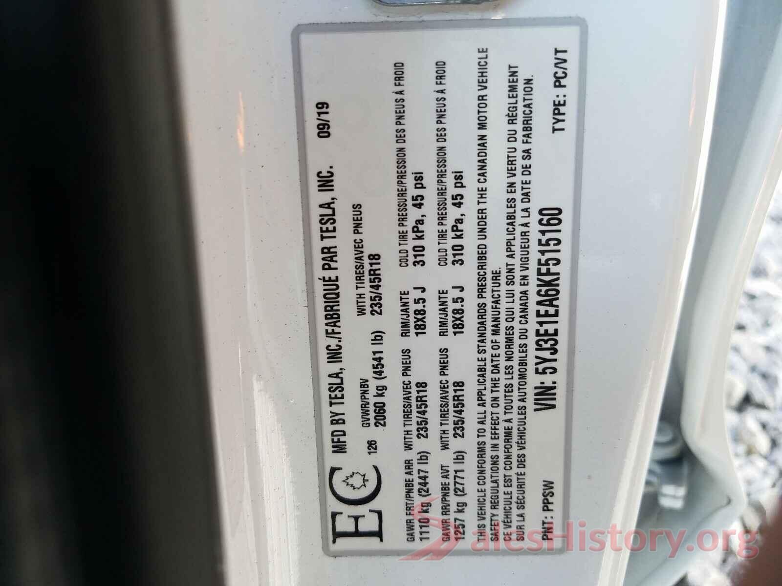 5YJ3E1EA6KF515160 2019 TESLA MODEL 3