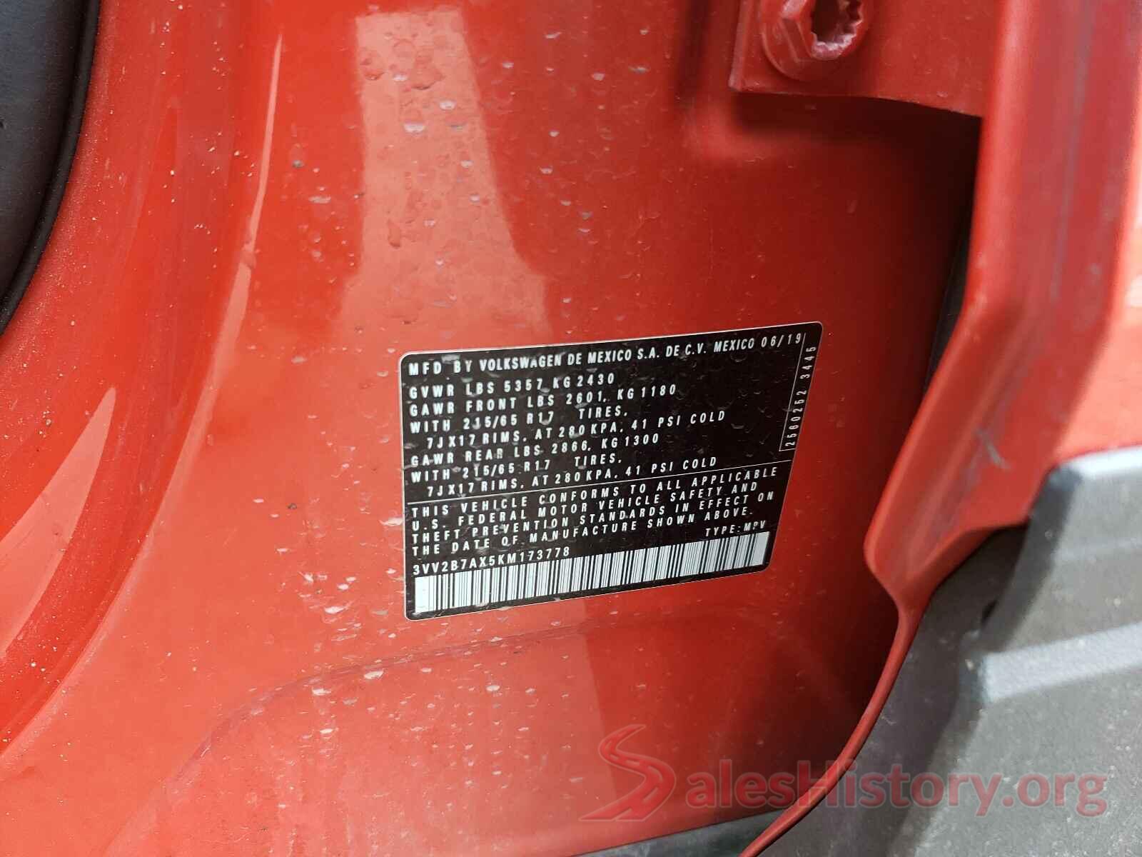 3VV2B7AX5KM173778 2019 VOLKSWAGEN TIGUAN