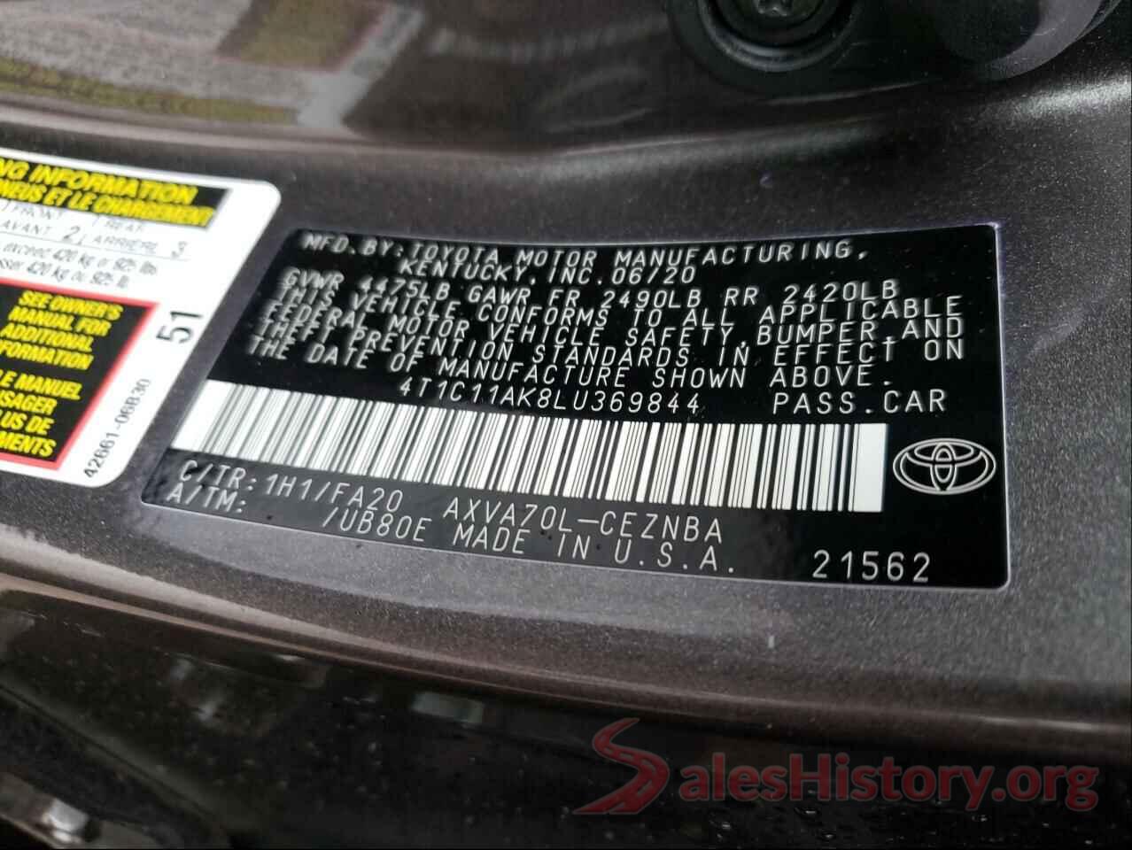 4T1C11AK8LU369844 2020 TOYOTA CAMRY