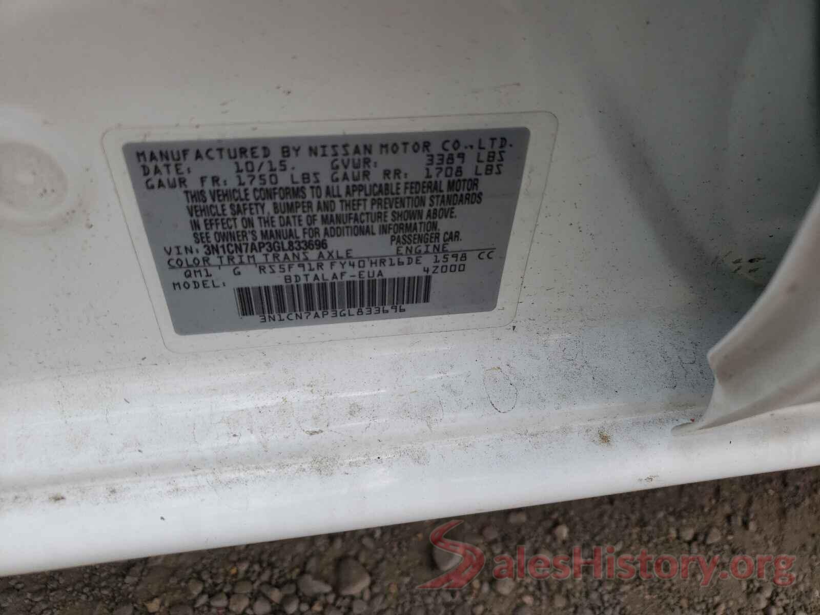 3N1CN7AP3GL833696 2016 NISSAN VERSA