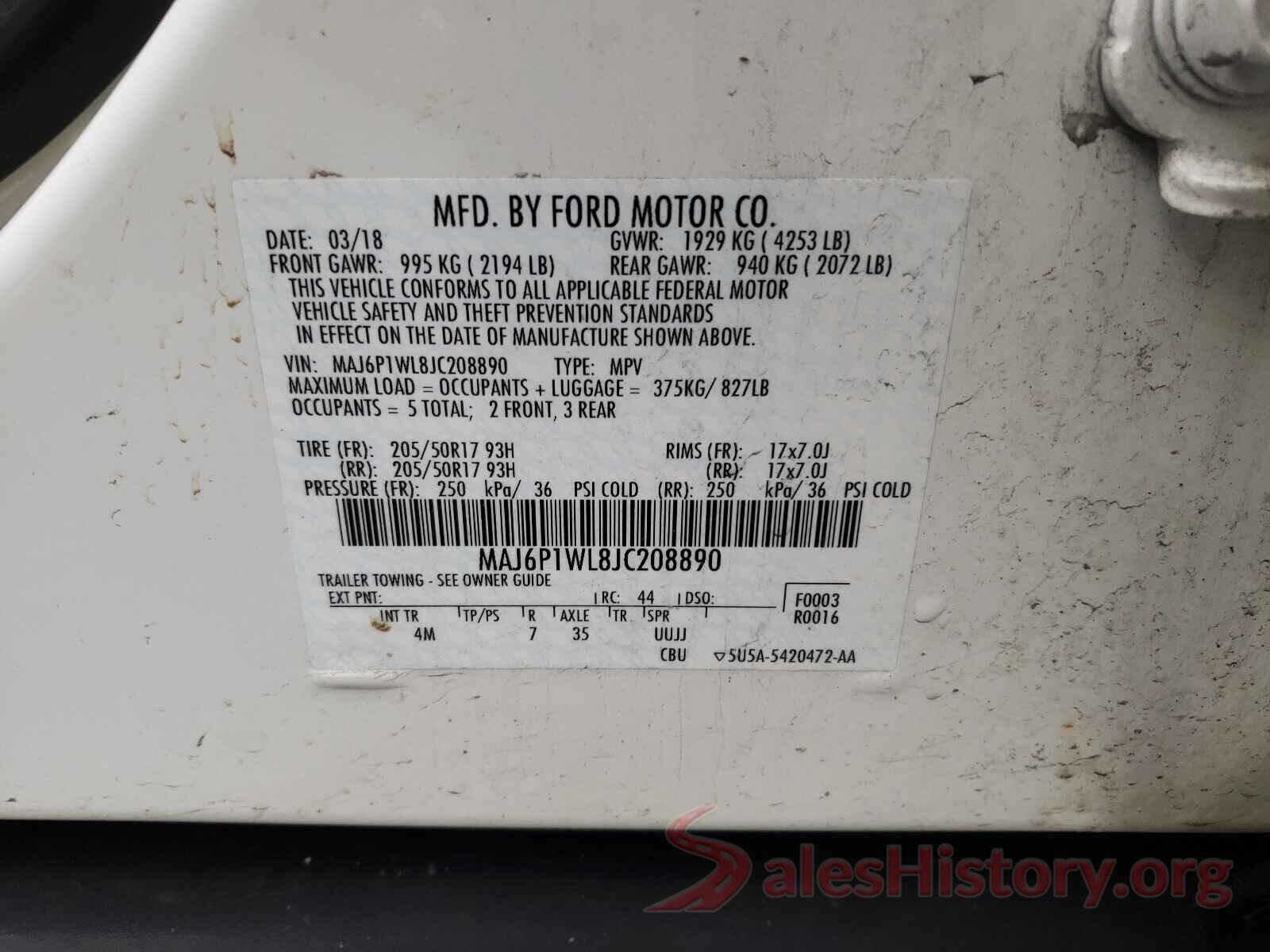 MAJ6P1WL8JC208890 2018 FORD ALL OTHER