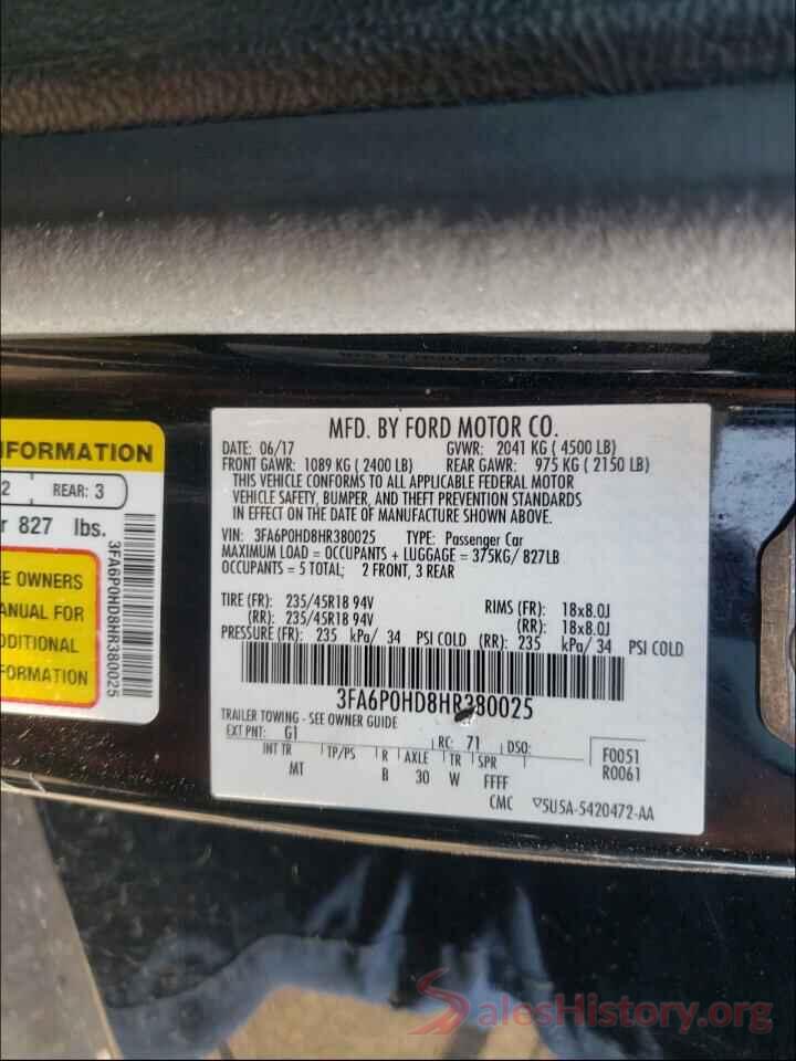 3FA6P0HD8HR380025 2017 FORD FUSION